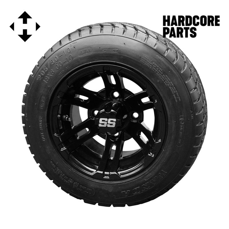 Hardcore Parts 10" Black 'BULLDOG' Golf Cart Wheels and 205/50-10 (18"x8"-10") DOT rated Low Profile tires - Set of 4, includes Black 'SS' center caps and 1/2x20 Black lug nuts