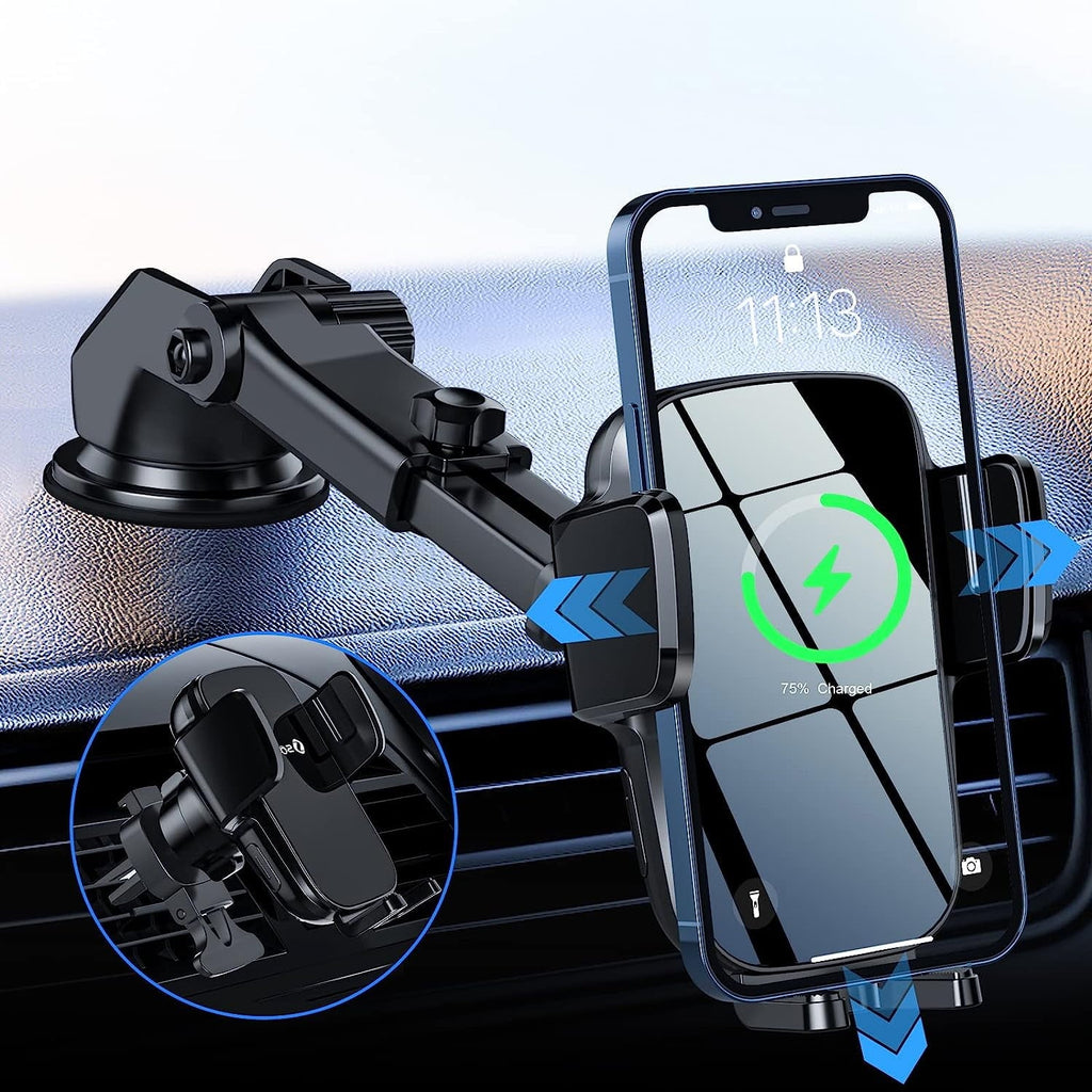 Hoey 3 in 1 Wireless Car Charger, 15W Smart Sensor Auto Clamping Air Vent Dashboard Windshield Car Phone Holder Mount, Compatible for iPhone, Samsung, Google, LG, etc