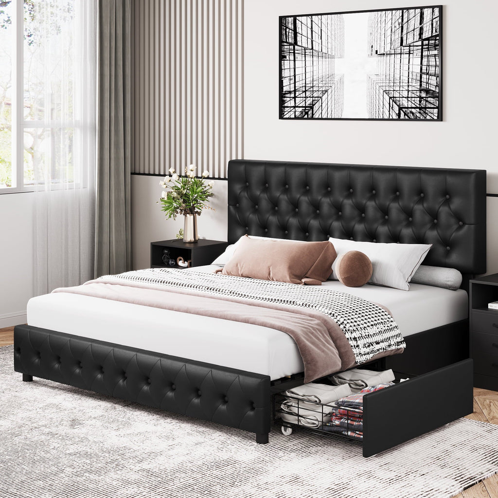 Homfa Faux Leather Storage Platform Bed Frame, King Black Bed Frame with 4 Drawers, Upholstered with Adjustable Headboard