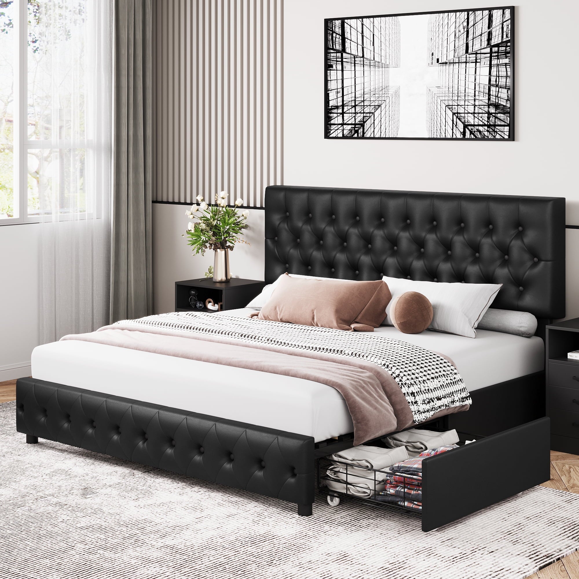 Homfa Faux Leather Storage Platform Bed Frame, King Black Bed Frame with 4 Drawers, Upholstered with Adjustable Headboard
