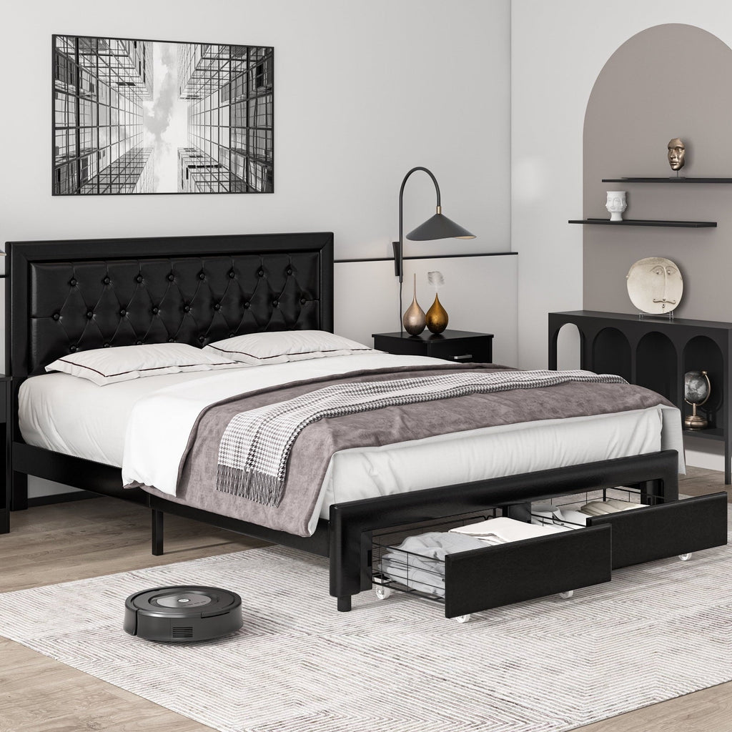 Homfa Full Size Bed Frame with Storage Drawers, PU Leather Upholstered Platform Bed with Adjustable Button Headboard, Black
