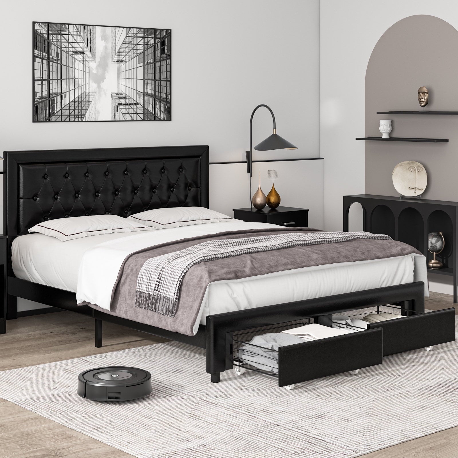 Homfa Full Size Bed Frame with Storage Drawers, PU Leather Upholstered Platform Bed with Adjustable Button Headboard, Black