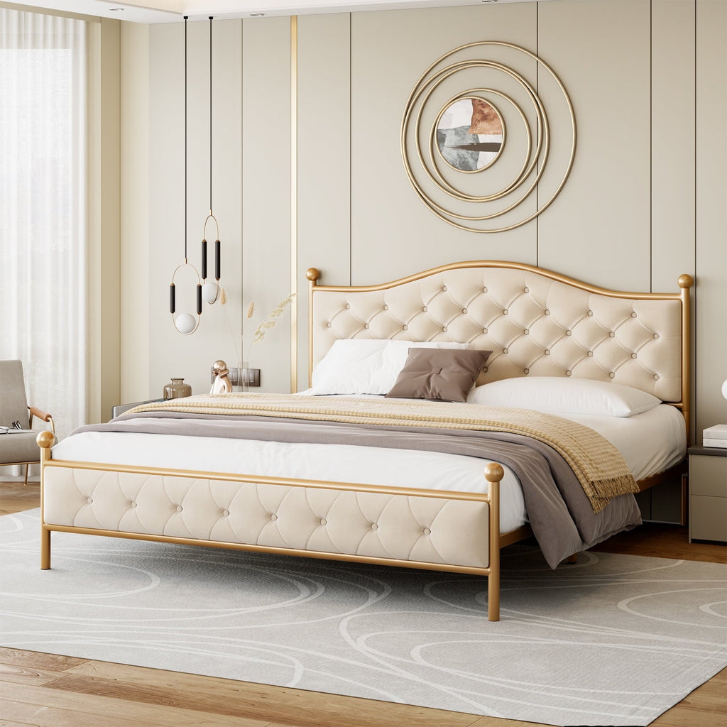 Homfa King Size Bed Frame, Metal Tubular Platform Bed with Button Tufted Upholstered Headboard, No Box Spring Needed, Beige