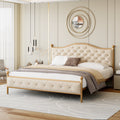 Homfa King Size Bed Frame, Metal Tubular Platform Bed with Button Tufted Upholstered Headboard, No Box Spring Needed, Beige