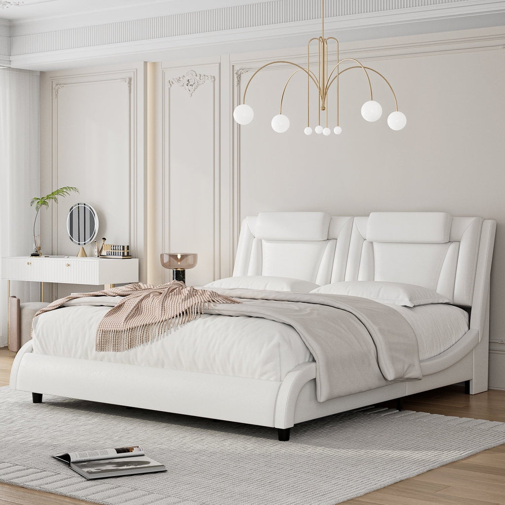 Homfa Queen Size LED Bed Frame, PU Leather Curved Upholstered Platform Bed with Adjustable Headboard and Pillow, White