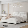 Homfa Queen Size LED Bed Frame, PU Leather Curved Upholstered Platform Bed with Adjustable Headboard and Pillow, White