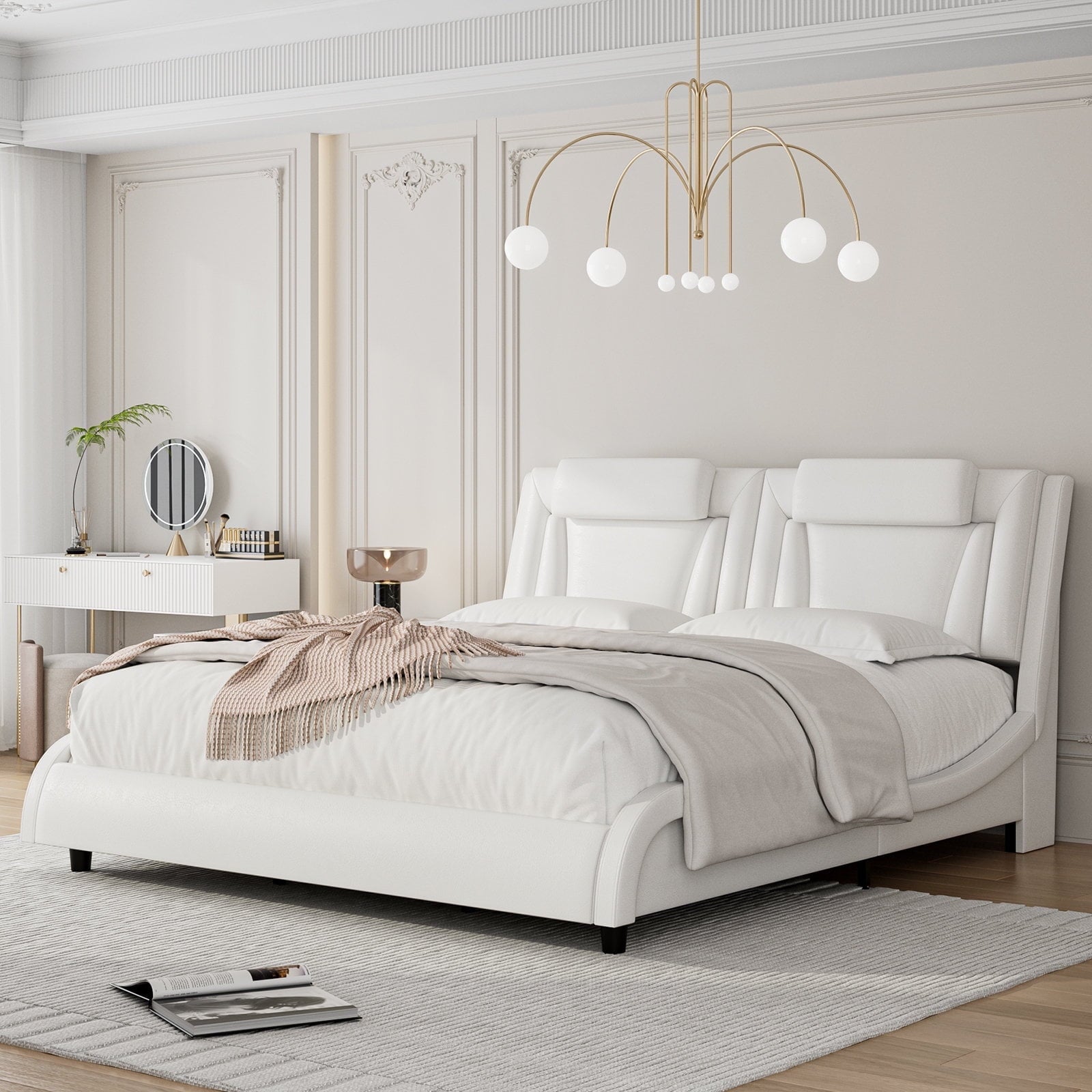 Homfa Queen Size LED Bed Frame, PU Leather Curved Upholstered Platform Bed with Adjustable Headboard and Pillow, White
