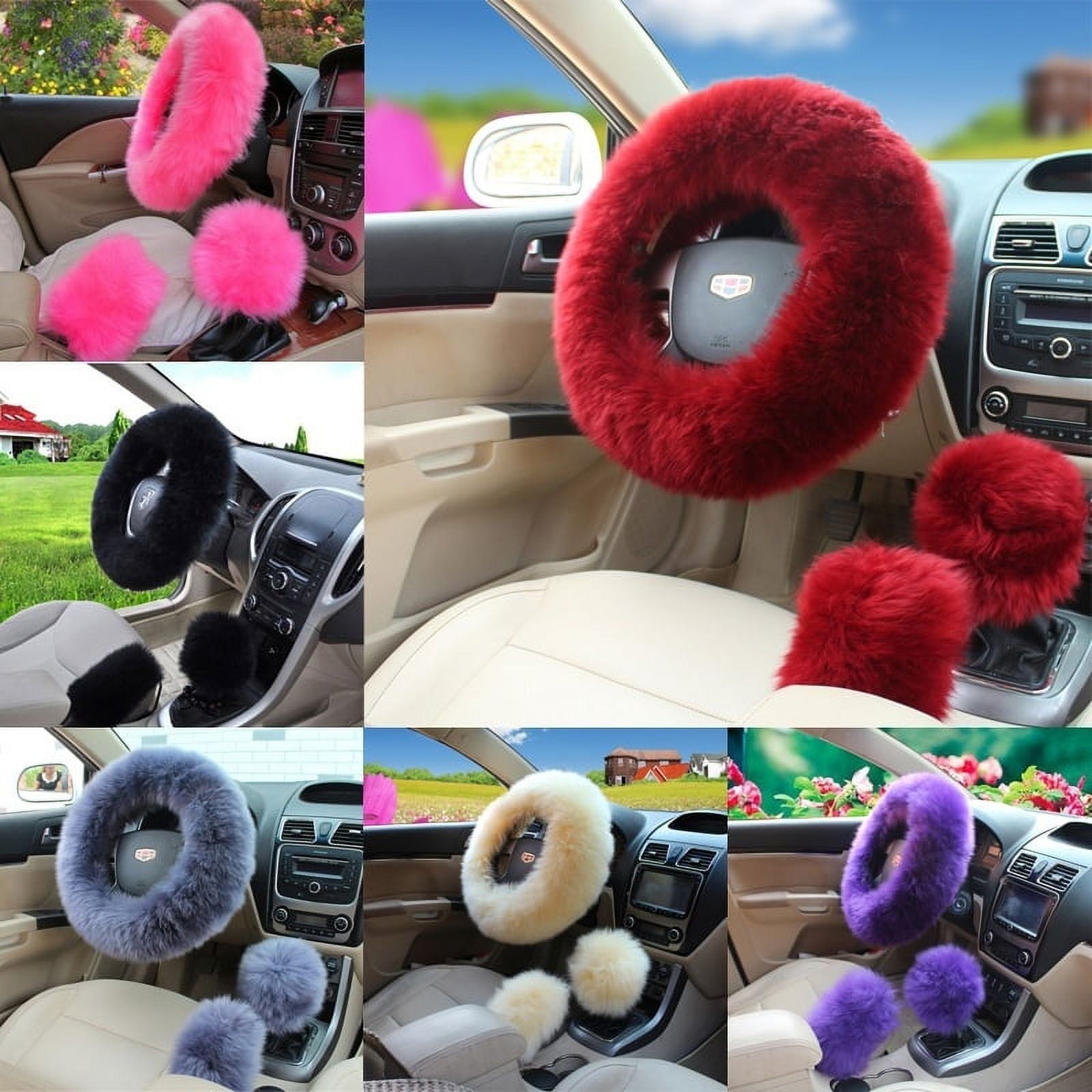 Hot 3Pcs/Set Woolen Winter Soft Warm Fuzzy Steering Wheel Cover Long Plush Handbrake Car Accessory Pink/Saffron Yellow/Black/Wine Red/Beige