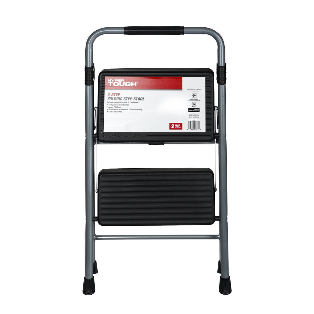 Hyper Tough Gray & Black 2-Step Steel Large Platform & Foldable Step Stool – Holds up to 225 Pounds