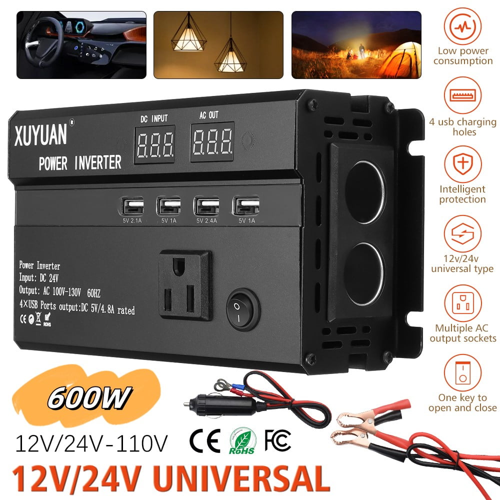Inverter, DFITO 600W Car Power Inverter Dc 12V/24V to 110V Ac Converter, with 2 Dual Ac Outlet and 4 USB Car Charger for Camping/ Road Trips/ Outdoor Work
