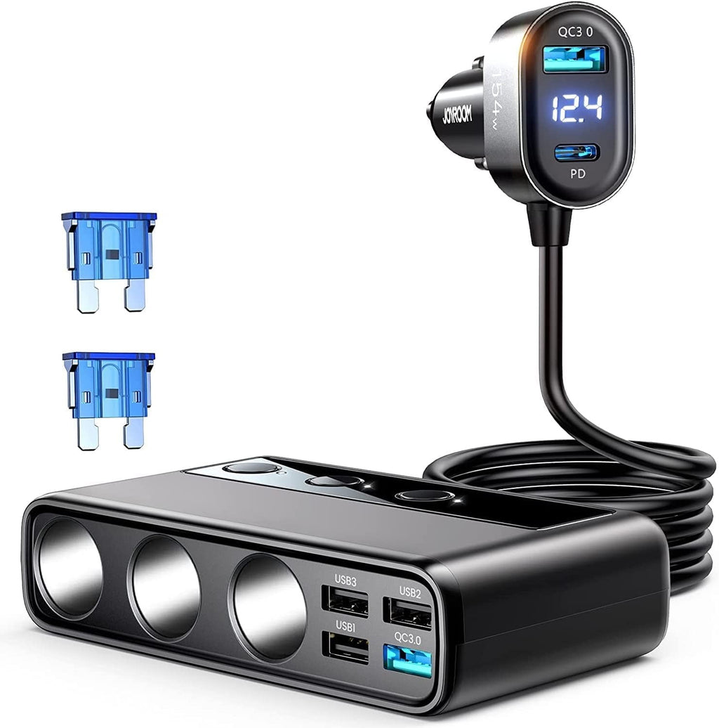 JOYROOM 3 Socket Car Cigarette Lighter Adapter, 154W PD & QC 3.0 Fast USB Car Charger, 12V/24V DC Outlet Cigarette Lighter Splitter with Individual Switches for All Car Devices