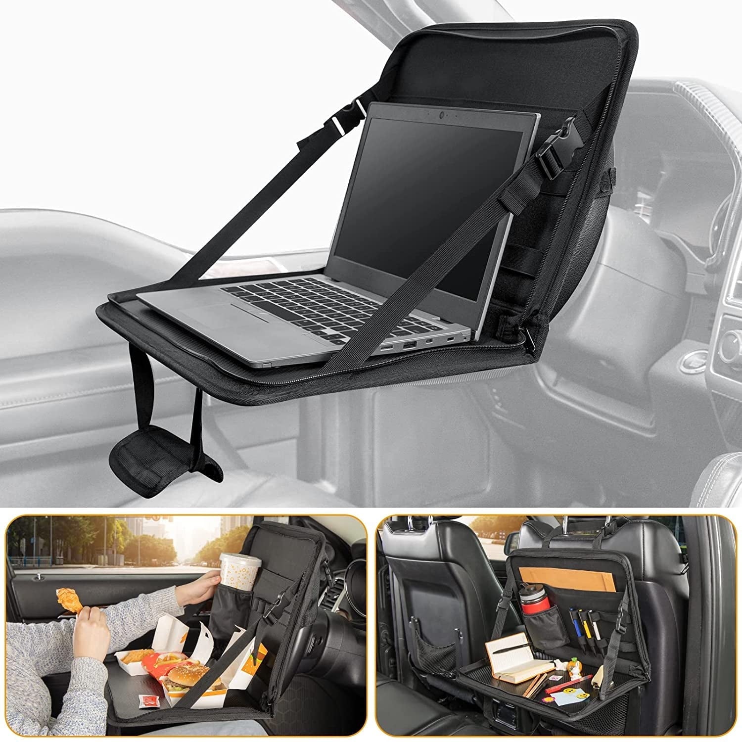 JOYTUTUS 3 in 1 Steering Wheel Eating Tray(16.34''*11.8''), Car Back Seat Laptop Desk, Multifunctional Car Office Bag, Foldable Car Backseat Tray Table for Working, Writing, Eating, Traveling,Black