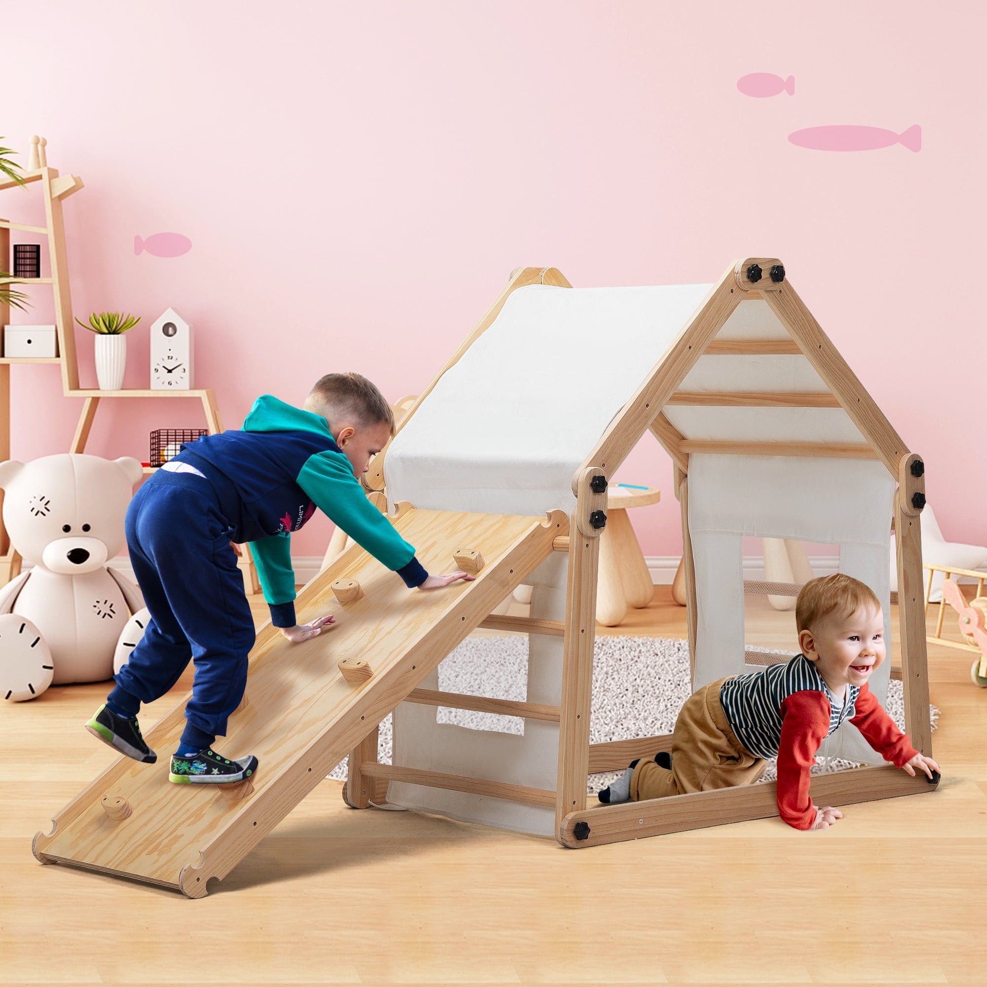 Jaxpety Wooden Triangle Climber Set with Ladder and Canvas Tent, Toddler Indoor Climbing Toys for Kids Aged 3-8 Years Old, Natural Wood
