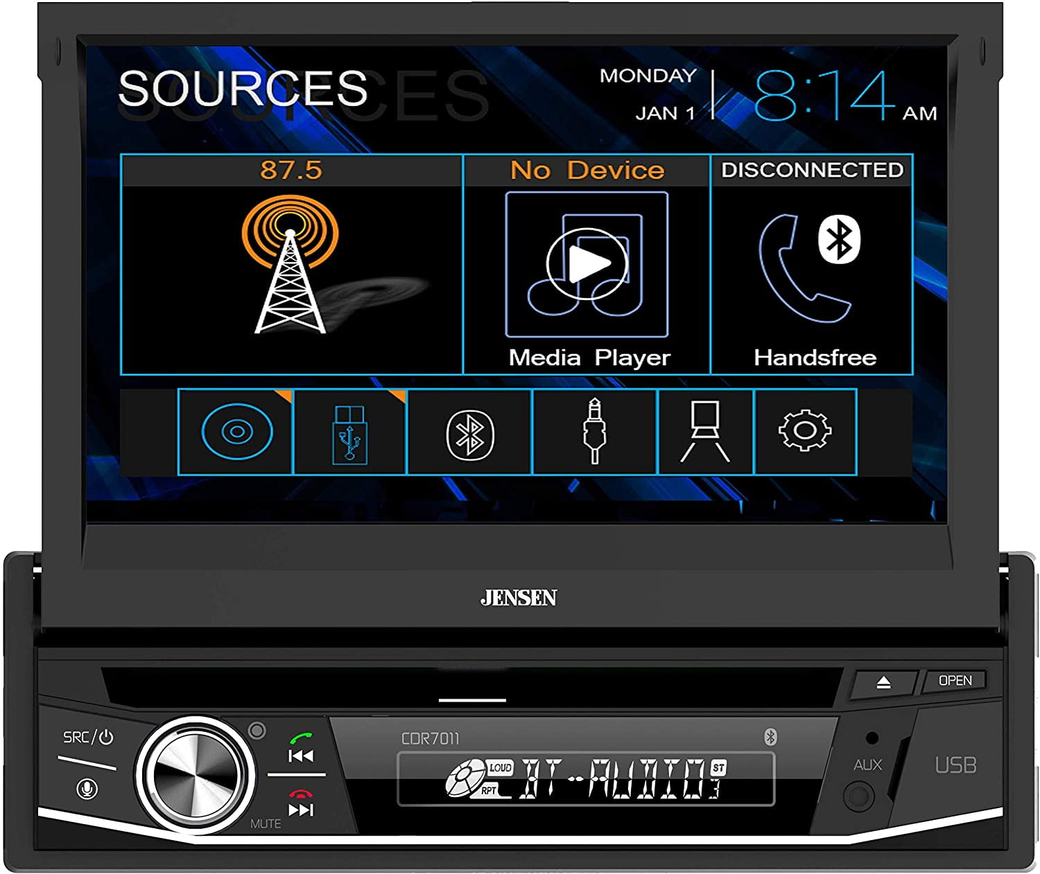 Jensen CDR7011 7 inch LED CD/DVD Touch Screen Single Din Car Stereo | Push to Talk Assistant | Backup Camera Input | Bluetooth | USB Fast Charging | 200 Watts (50x4)