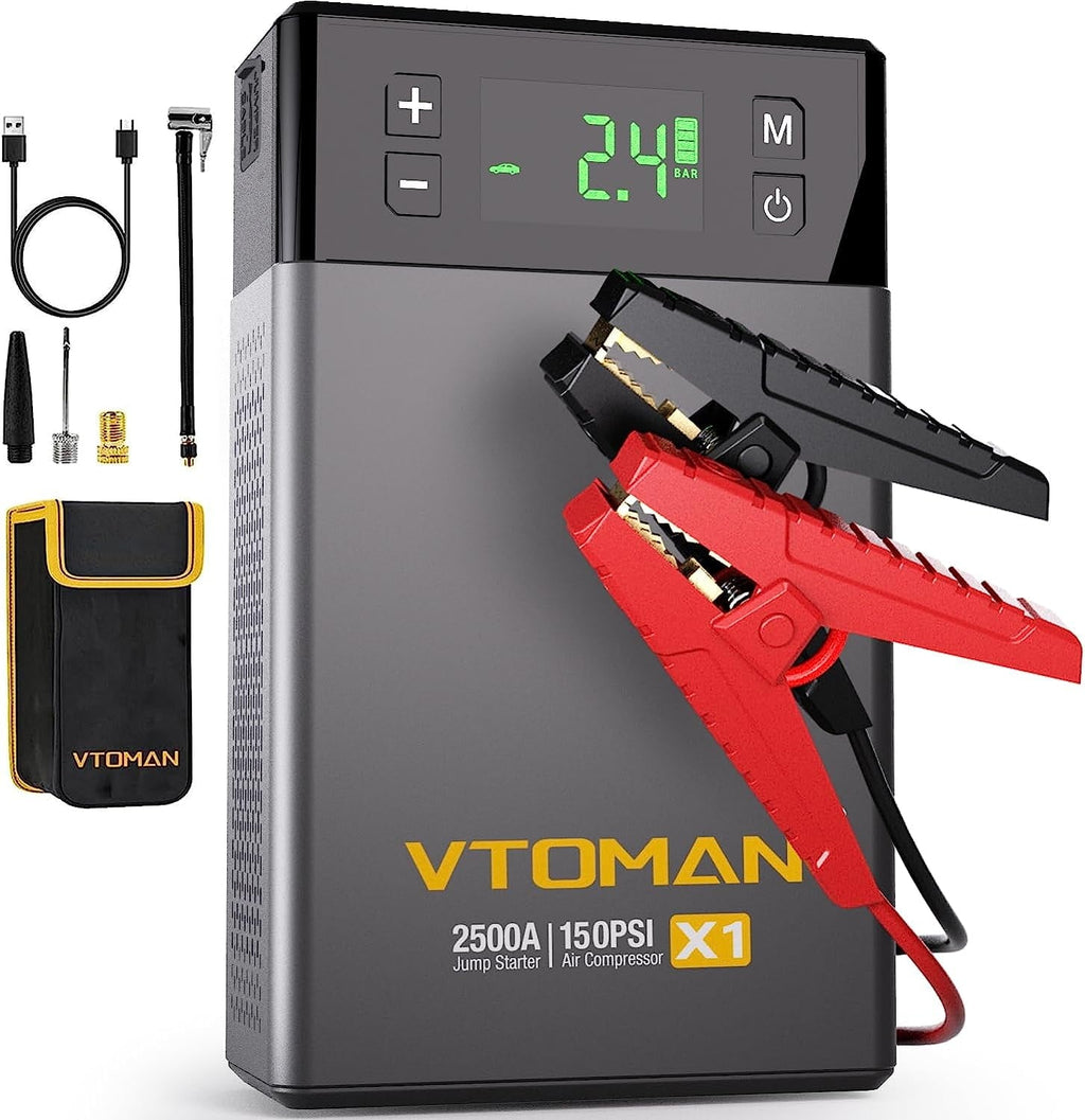 Jump Starter with Air Compressor,2500A Peak 12V Portable Jump Box for 8.5L Gas and 6.0L Diesel Engines with 150PSI Compressor Tire Inflator,Auto Lithium Car Starter  Battery Booster Power Bank