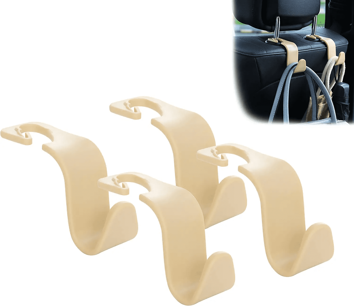 Jusdreen Car Seat Headrest Hook 4 Pack Hanger Storage Organizer Universal for Handbag Purse Coat Universal Fit Vehicle Car- Beige
