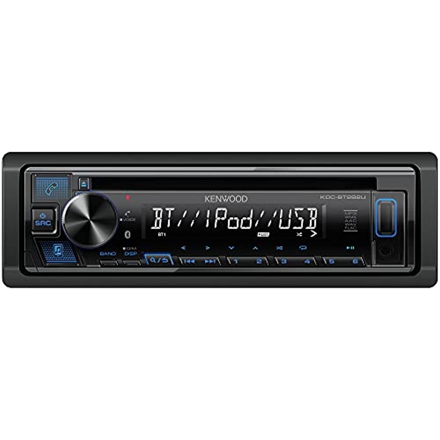 KENWOOD KDC-BT282U CD Car Stereo - Single Din, Bluetooth Audio, USB MP3, FLAC, Aux in, AM FM Radio, Detachable face with White 13-Digit LCD Display and Blue Button Illumination