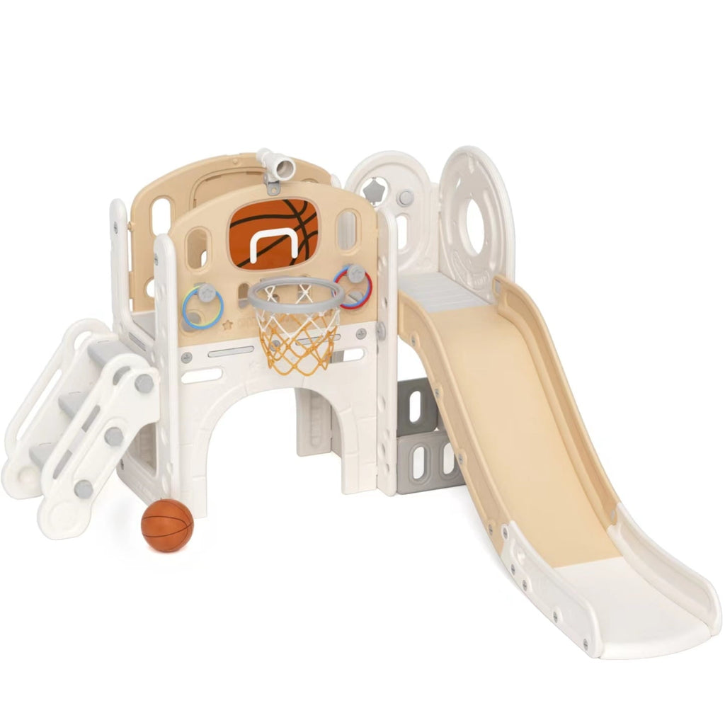 KORIMEFA 7-in-1 Kids Slide with Climber, Toddler Climber Slide Play Set with Basketball Hoop, Tunnel, Telescope and Storage Space, Indoor Outdoor Playground Slide
