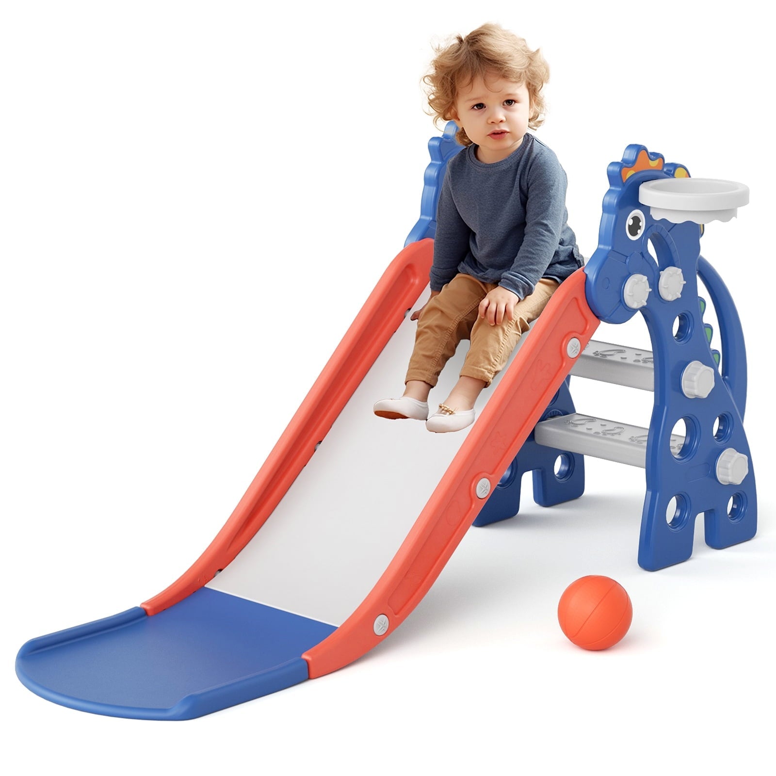 KORIMEFA Toddler Slide Kids Slide with Basketball Hoop for Baby, Backyard Baby Playground Kids Slide, Freestanding Baby Climber Playset Indoor Slide Toys, Slide for Toddlers Age 1-3 Boys Girls, Blue