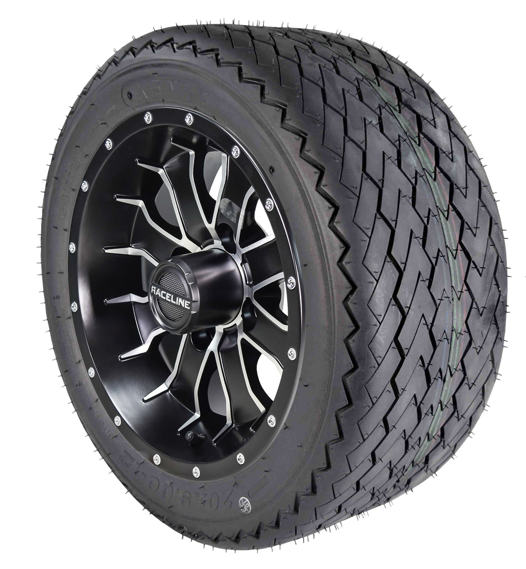 Kenda K389 20x9-12 Golf Cart Turf Front Rear Tire & 12x7 4/101.6 +5 (4x4) Black Wheel Kit for Non-Lifted Golf Carts or Golf Carts with 1"-3" Lift Kit 20x9x12