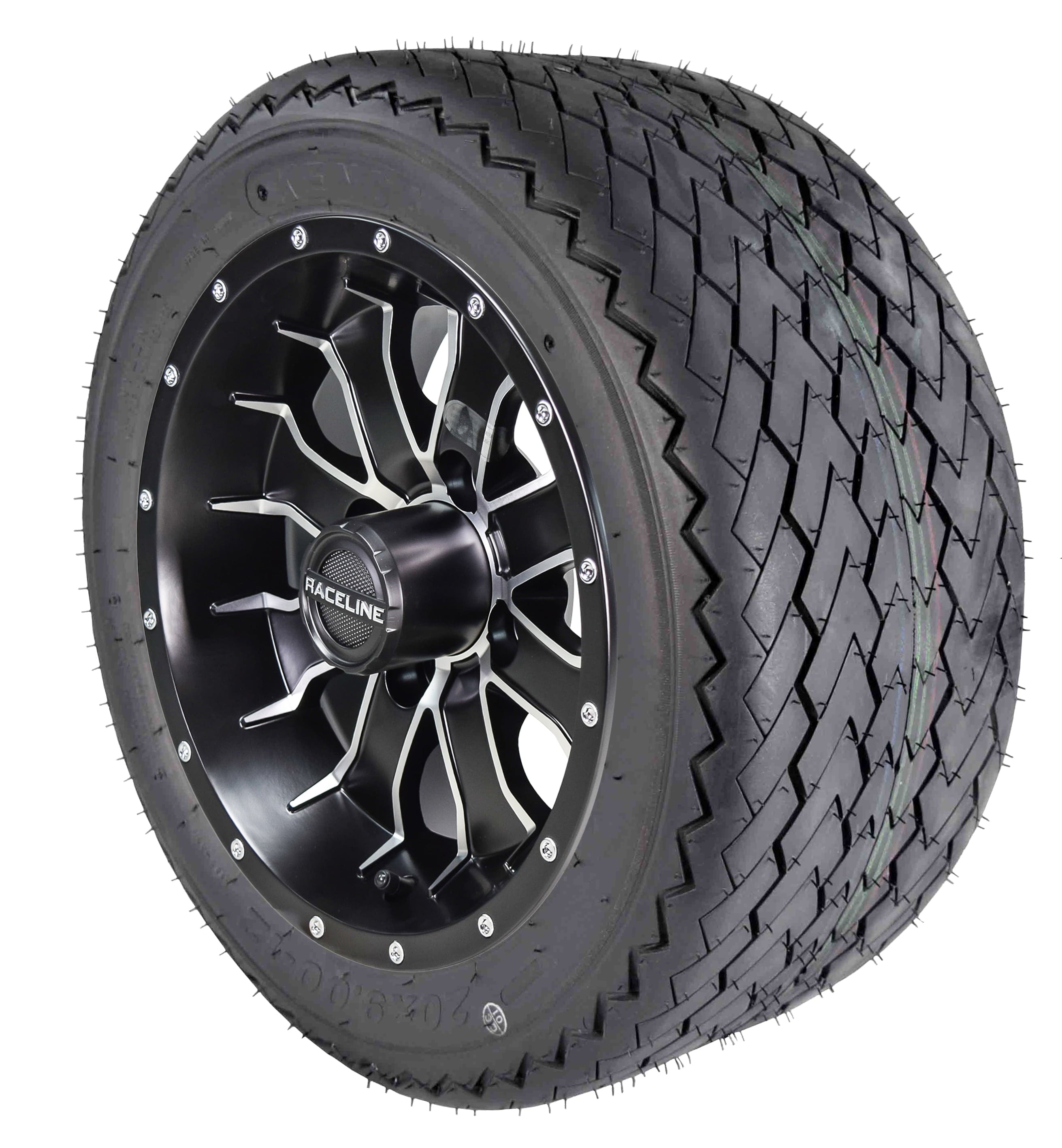 Kenda K389 20x9-12 Golf Cart Turf Front Rear Tire & 12x7 4/101.6 +5 (4x4) Black Wheel Kit for Non-Lifted Golf Carts or Golf Carts with 1"-3" Lift Kit 20x9x12