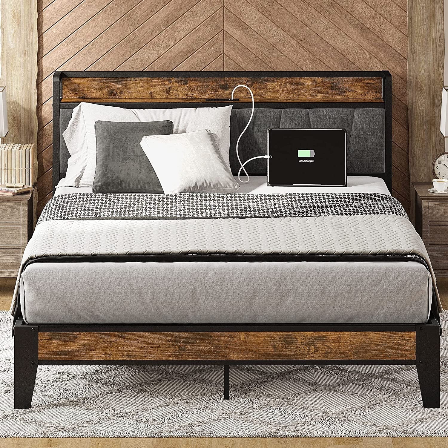 LIKIMIO Queen Bed Frame, Storage Headboard with Charging Station, Solid and Stable, Noise Free, No Box Spring Needed, Easy Assembly