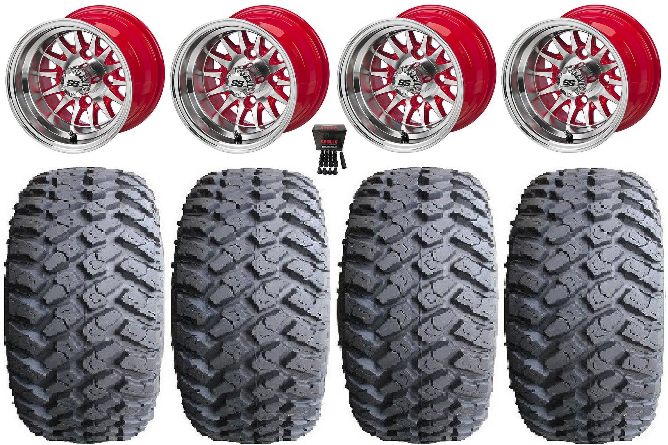 LSI 14-Spoke 10" Red Golf Wheels 22x9.5-10 Hammer Tires E-Z-GO & Club Car