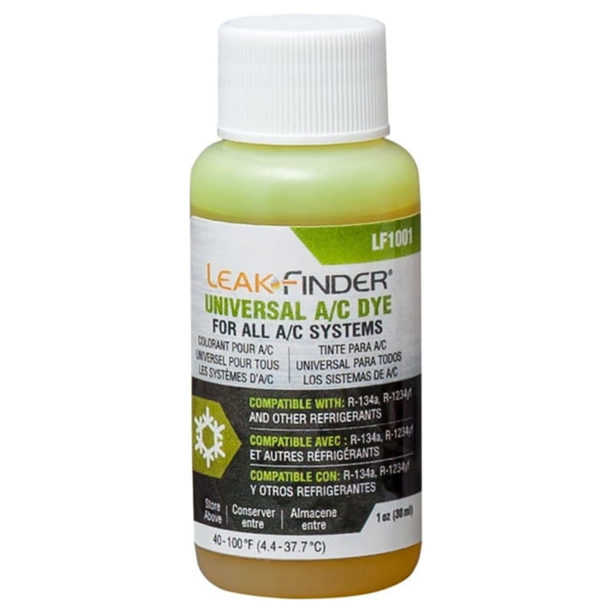 LeakFinder LF1001CS Automotive Universal Air Conditioner Refrigerant Leak Detection Dye, Services R134a, R-1234yf Systems, 1oz AC Fluorescent Dye Bottle