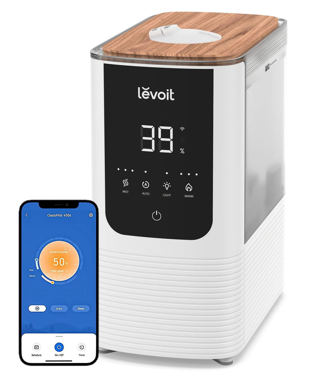 Levoit Smart Cool and Warm Mist Top Fill Humidifier with Aromatherapy, 4.5L, OasisMist LV450S, Wood