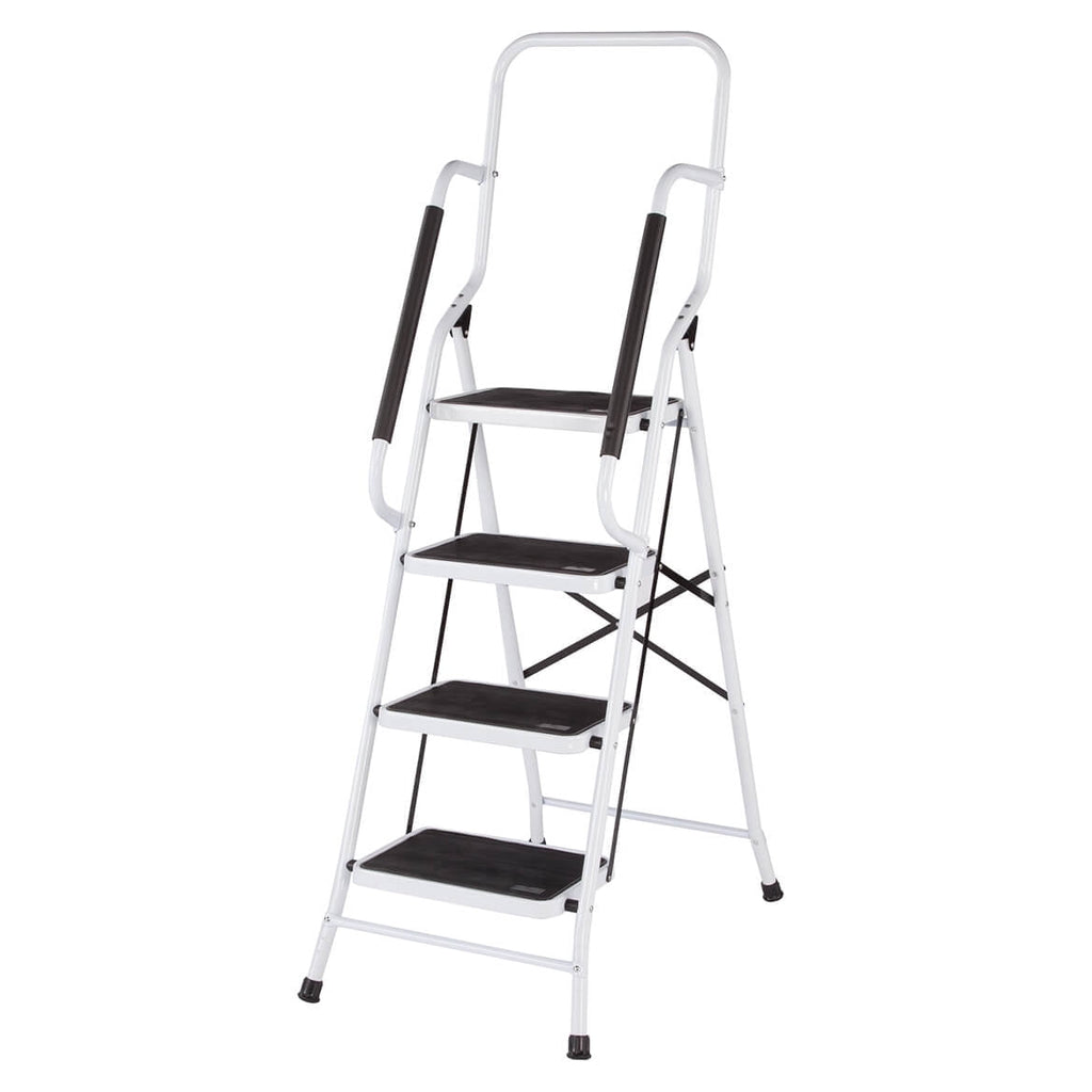LivingSURE Folding 4-Step Safety Ladder - Heavy Duty Steel, Anti-Slip Treads, Padded Handrails - Space Saving Design - Perfect for Home, Kitchen, Office - 32 x 21 x 66 inches