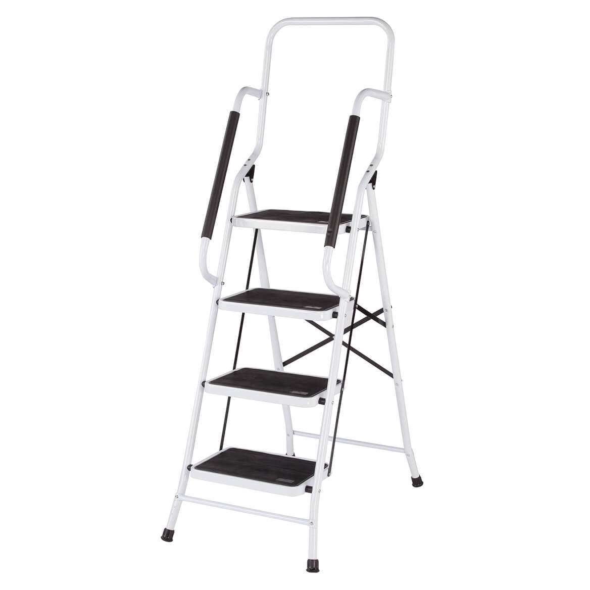 LivingSURE Folding 4-Step Safety Ladder - Heavy Duty Steel, Anti-Slip Treads, Padded Handrails - Space Saving Design - Perfect for Home, Kitchen, Office - 32 x 21 x 66 inches