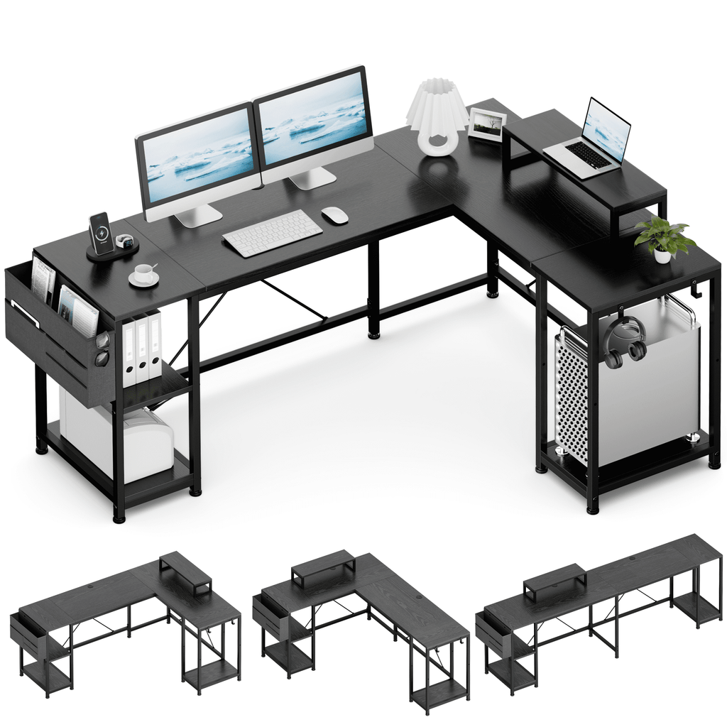 Lulive L-Shaped Computer Desk, 95" Reversible Computer Desk Office Desk with 3 Shelves/Monitor Stand/ Storage Bag/Hooks for Home Office, Black