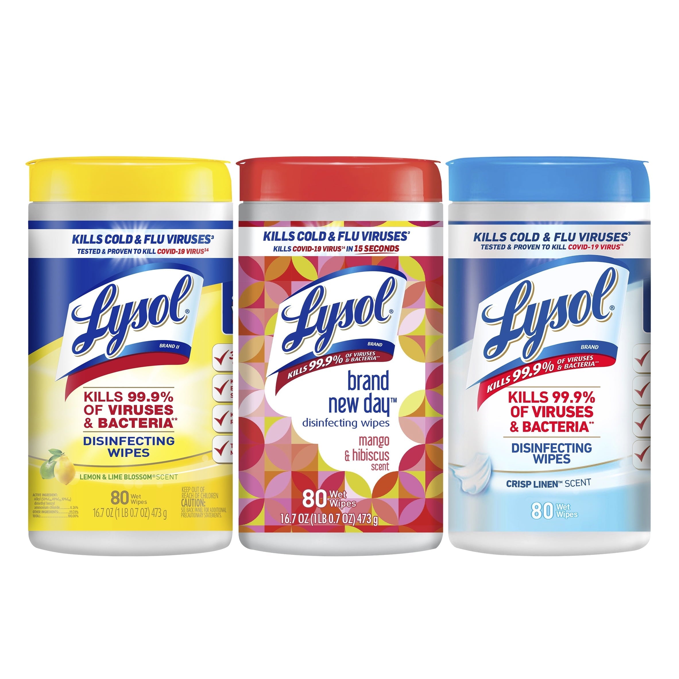 Lysol Disinfectant Wipes Bundle, Multi-Surface Antibacterial Cleaning Wipes, contains 1 Lemon (80ct) 1 Crisp Linen (80ct) & 1 Mango & Hibiscus (80ct)