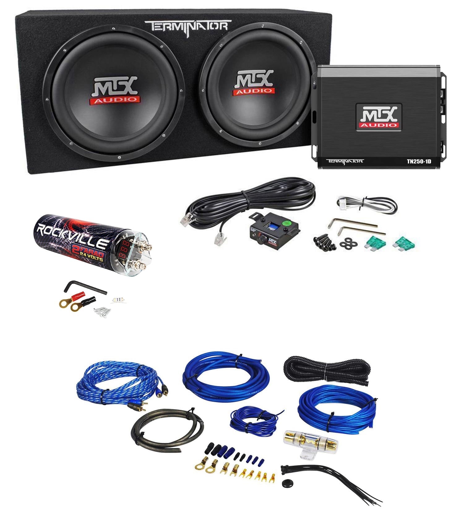 MTX Terminator TNP212D2 Dual 12” Subwoofers+Enclosure+Amp Kit+2 Farad Capacitor
