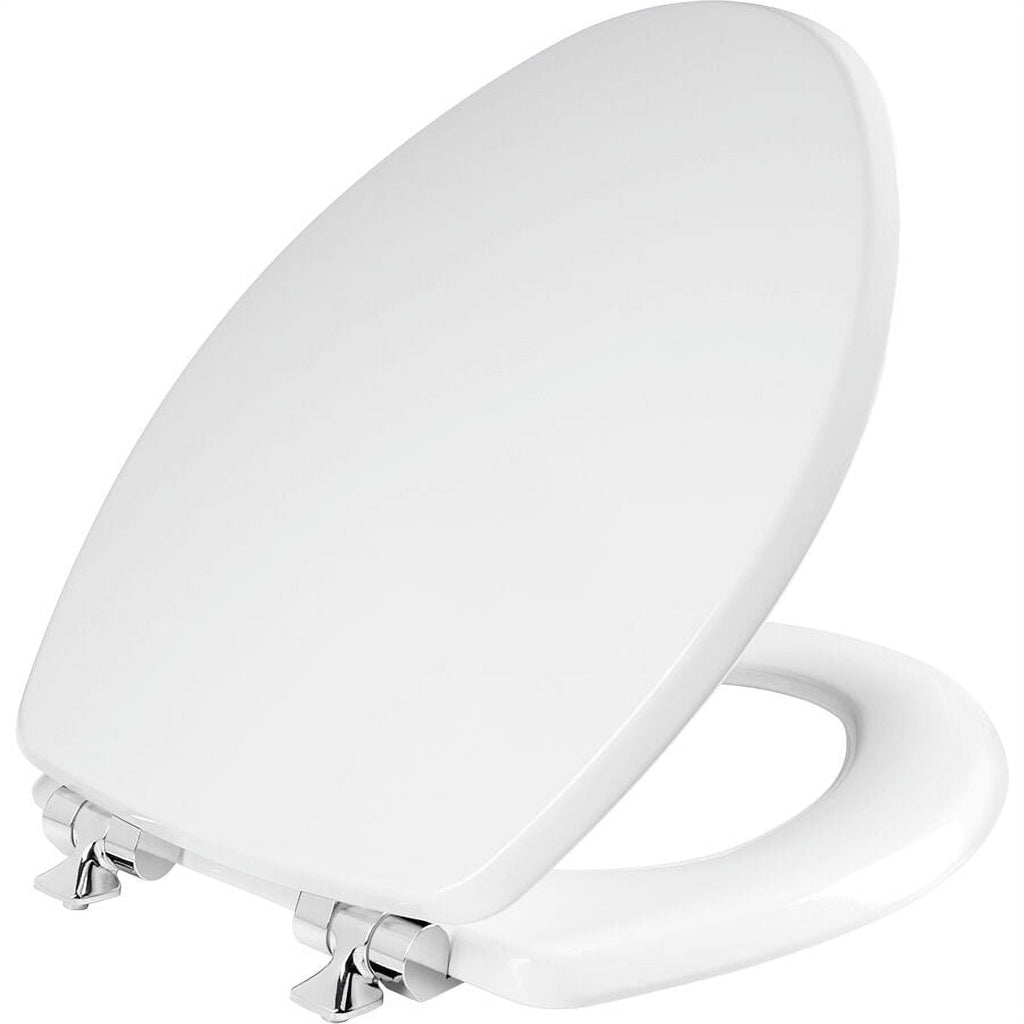 Mayfair Benton? Elongated Enameled Wood Toilet Seat in White with STA-TITE? Seat Fastening System? and Whisper•Close? Chrome Hinge