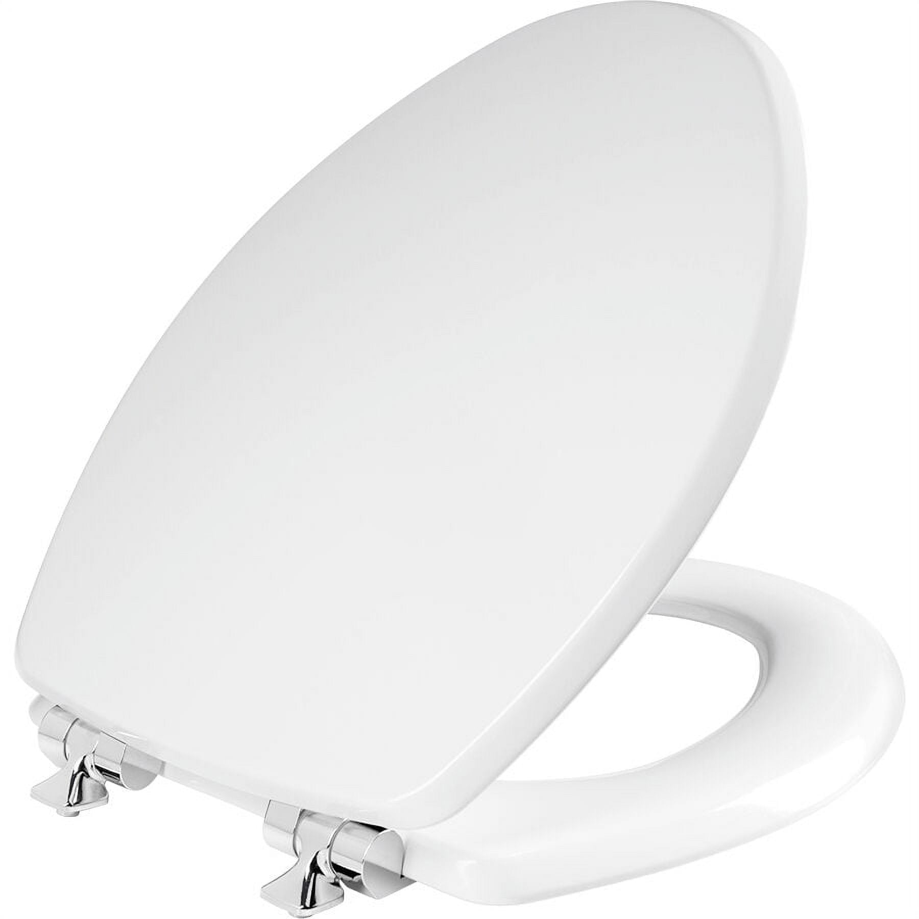 Mayfair Benton? Elongated Enameled Wood Toilet Seat in White with STA-TITE? Seat Fastening System? and Whisper•Close? Chrome Hinge