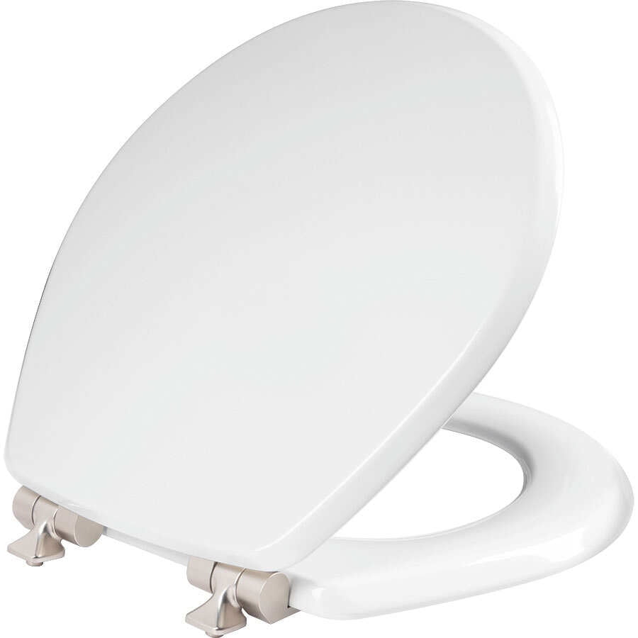 Mayfair Benton? Round Enameled Wood Toilet Seat in White with STA-TITE? Seat Fastening System? and Whisper•Close? Brushed Nickel Hinge