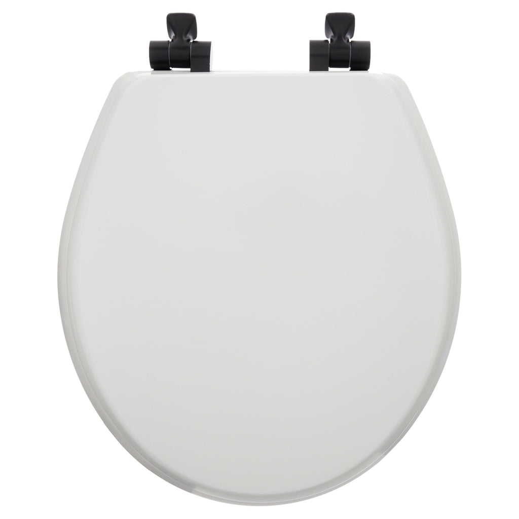 Mayfair Benton? Round Enameled Wood Toilet Seat in White with STA-TITE? Seat Fastening System? and Whisper•Close? Matte Black Metal Hinge