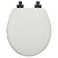 Mayfair Benton? Round Enameled Wood Toilet Seat in White with STA-TITE? Seat Fastening System? and Whisper•Close? Matte Black Metal Hinge