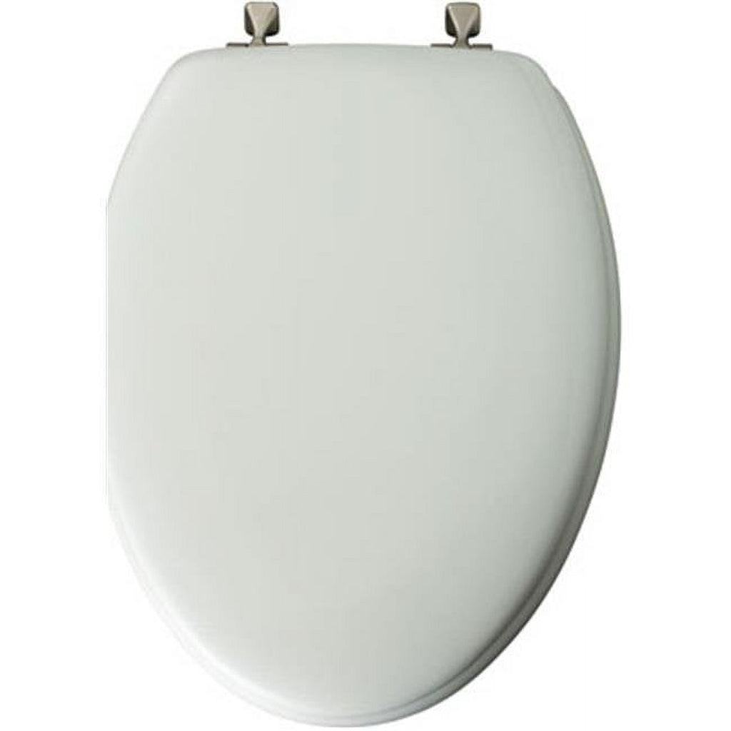 Mayfair Edgewater? Elongated Enameled Wood Toilet Seat in White with STA-TITE? Seat Fastening System? and Brushed Nickel Hinge