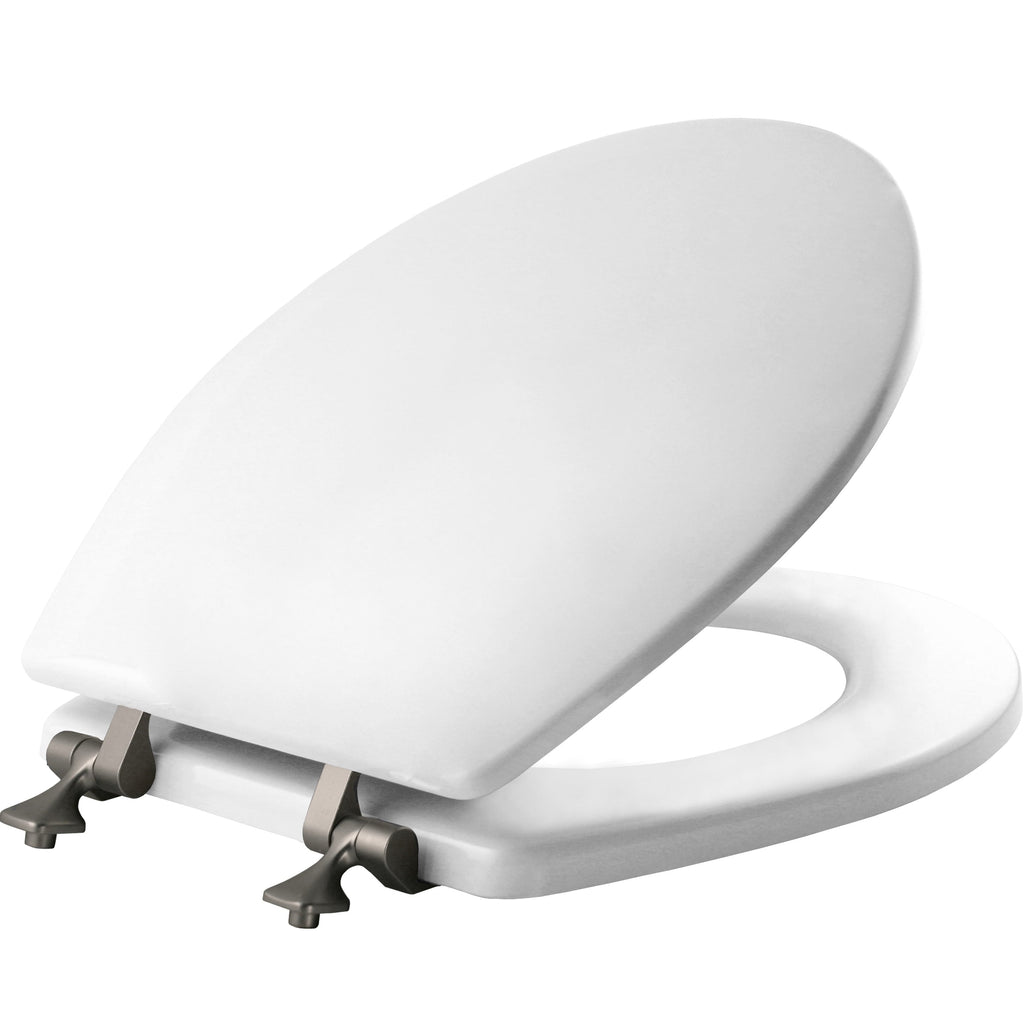 Mayfair Edgewater Round Enameled Wood Toilet Seat in White Never Looosens Brushed Nickel Metal Hinge