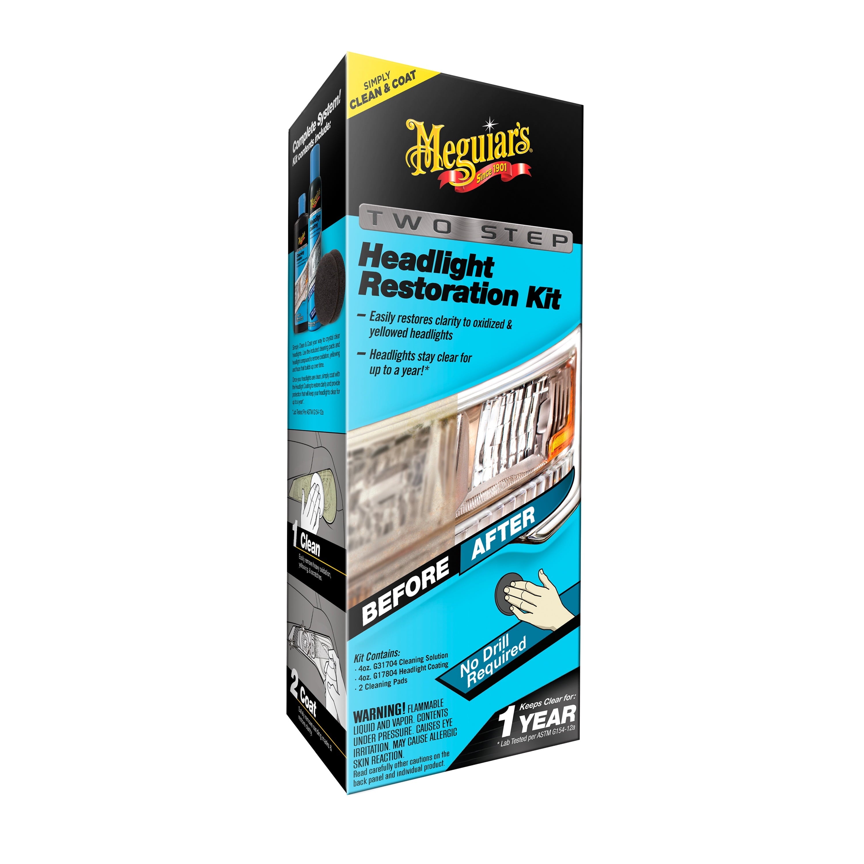 Meguiar's Two Step Headlight Restoration Kit, Clear – Cleaning Solution, 4 Count (1 Pack)