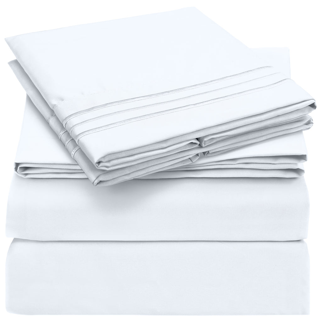 Mellanni Iconic Collection Bed Sheet Set, Hotel Luxury Brushed Microfiber Bedding, Deep Pocket Sheet, 4 Piece, Queen, White