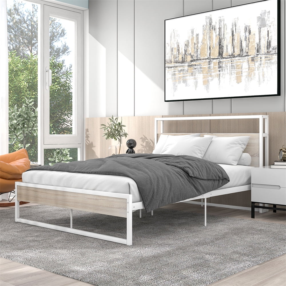 Metal Platform Bed with Sockets & USB Ports, Full Size Platform Bed Frame with 2 Shelves & Headboard & Footboard, Low Platform Bed Mattress Foundation with Under Bed Storage No Box Spring Needed White