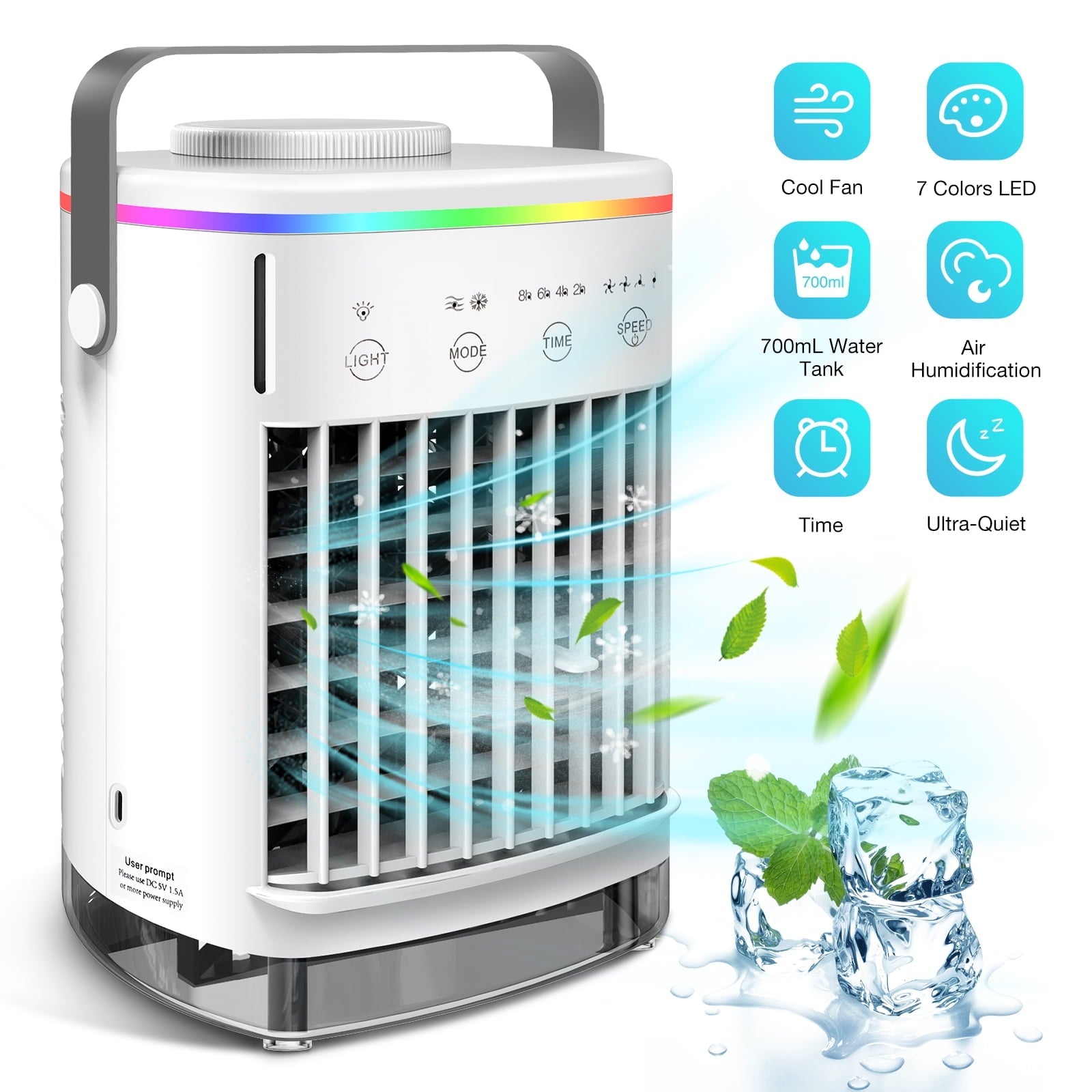 Mini Portable Air Conditioner, 6-in-1Personal Air Cooler, Evaporative Air Conditioner Fan with 4 Wind Speeds & Cool Air Spray Duration 10 Hrs Humidifier for Room Office - Need to be Plugged in for Use