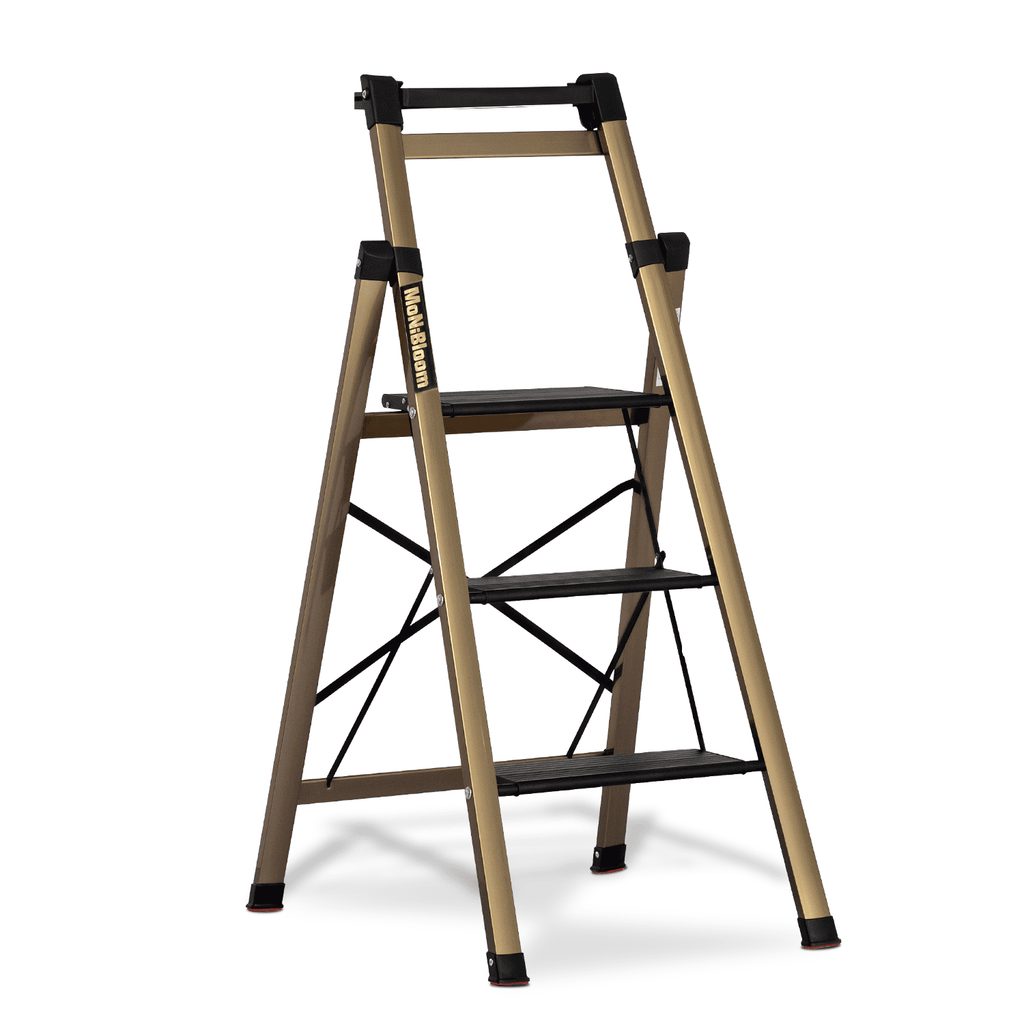 MoNiBloom Aluminum Alloy 3 Step Ladder With Tool Tray, Folding Stool with Wide Pedal for Home Improvement, Black/Gold