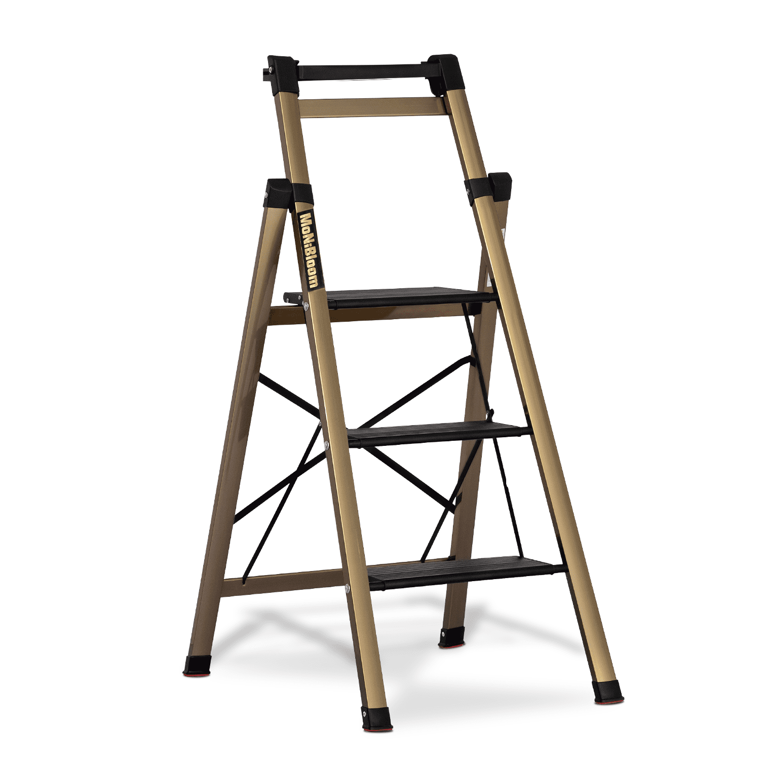MoNiBloom Aluminum Alloy 3 Step Ladder With Tool Tray, Folding Stool with Wide Pedal for Home Improvement, Black/Gold