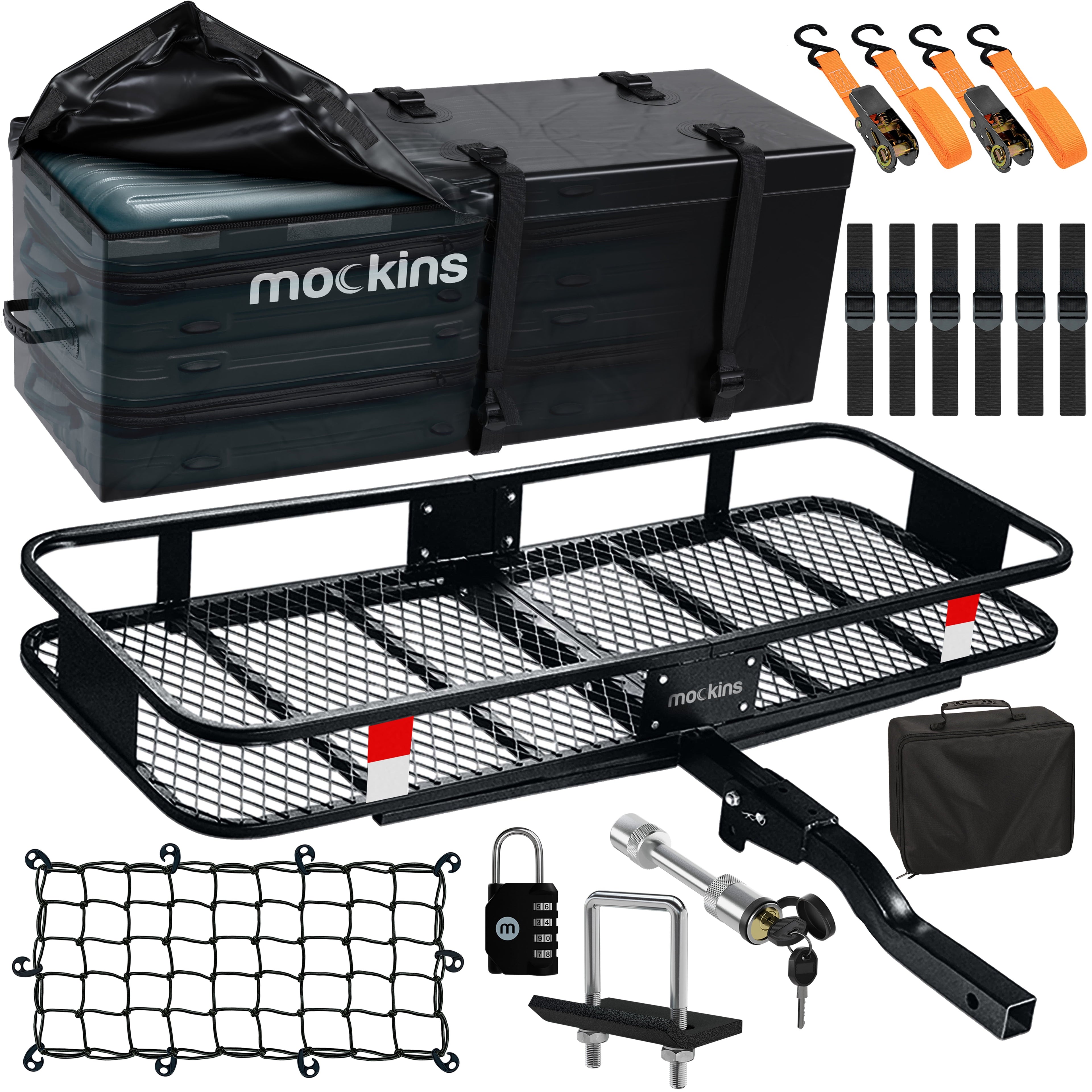 Mockins 60"x20"x6" Car Cargo Carrier Hitch Mount | 500 lbs Cap. Folding Hitch Basket with 16 CF Cargo Bag