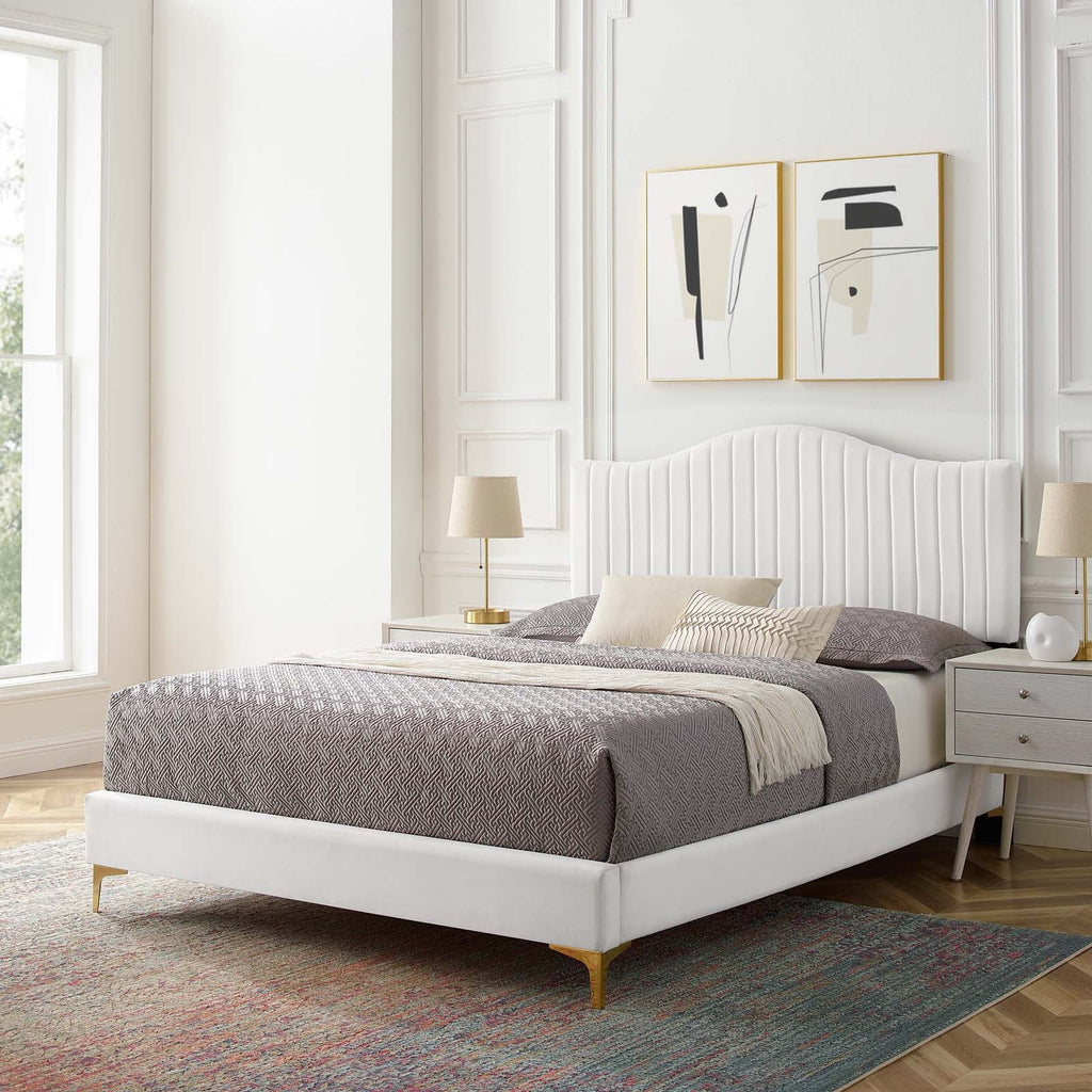 Modway Juniper Channel Tufted Performance Velvet Queen Platform Bed in White