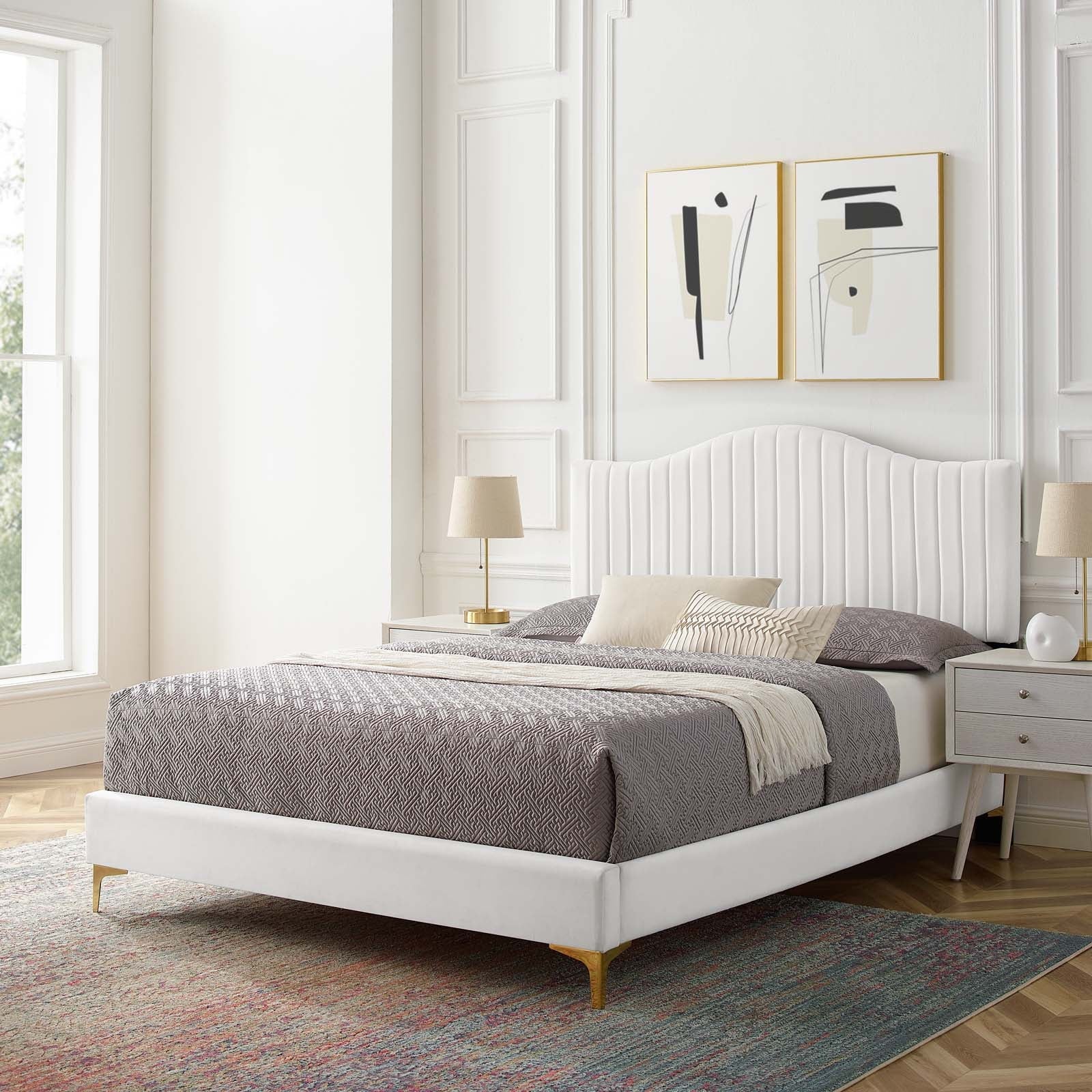 Modway Juniper Channel Tufted Performance Velvet Queen Platform Bed in White